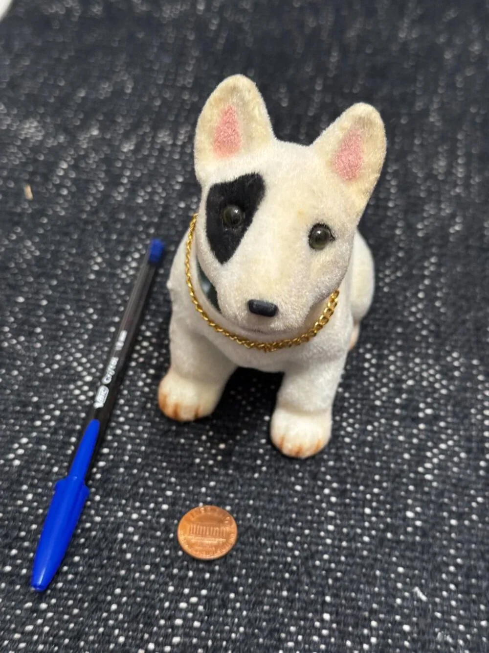 English Bull Terrier Nodder Bobble Dog Flocked Figurine, Vintage Circa 1980-90s
